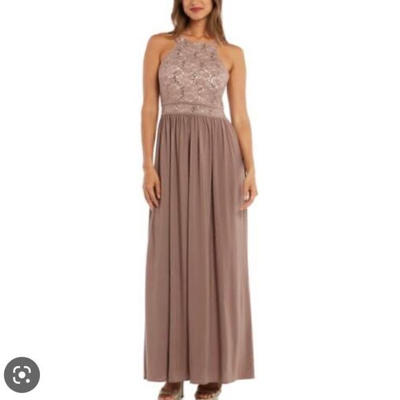 Night Way Collections Taupe Formal sequined Lace  Halter Dress size 8 - Picture 1 of 8